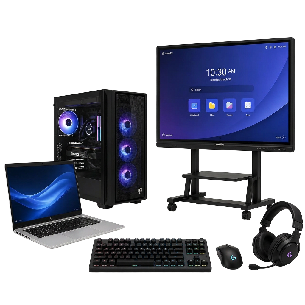 HP laptop, assembled gaming PC, Trueview interactive panel, keyboard, mouse and headset